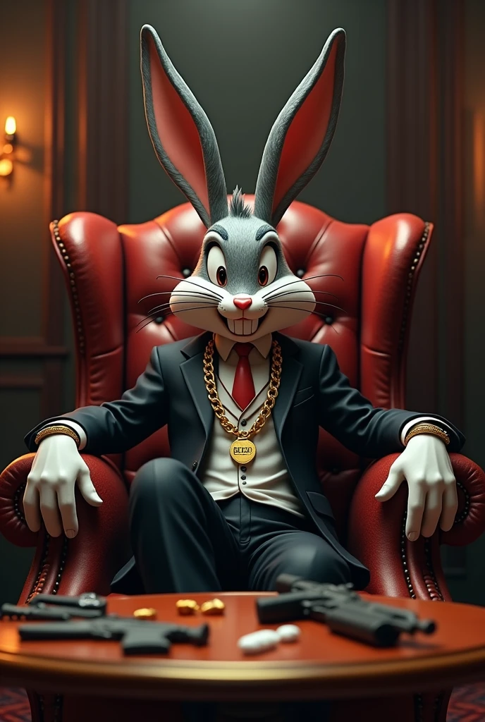 Generate a high-quality 3D image of Bugs Bunny with a rich boss posture in a suit sitting in an armchair with a table in front of him. On the table, place drugs and weapons with a gold chain around his neck. In the middle of the chain, write Rael and behind the character write Rael and Bugs Bunny holding an AK47.