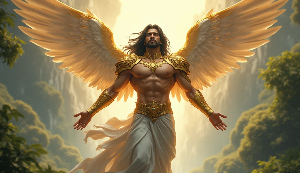 Jesus is different、The Archangels、masterpiece,Best quality,super detailed,High resolution,High resolution,4K,Portrait in 4K,8k,8k portrait,Hình nền Unity 8k,Extremely detailed CG,Thực tế,raw photo,real people,photo portrait, Photorealistic, shiny skin, Skin details, Increase the image to a resolution of 2048 * 1536. Generate a hyperrealistic image, with high and lifelike detail, In terms of Archangel Chamuel, he appears to be in his 30s, with a Japanese appearance and long black hair, Floating, ripple. He wears golden armor on his shoulders and chest signifying his position as one of God's Holy angels. Archangel Chamuel has a defined and toned six-pack, His beauty belongs to another world because he is a Celestial being. Standing at a height of 11'8" towering with a muscular physique and large biceps, He exudes power and ferocity. Mesmerized by the glory of God shining from his body, Archangel Chamuel flies from the Garden of Eden back to Heaven. Archangel Chamuel walks throughout the features of the Japanese Garden of Eden.
