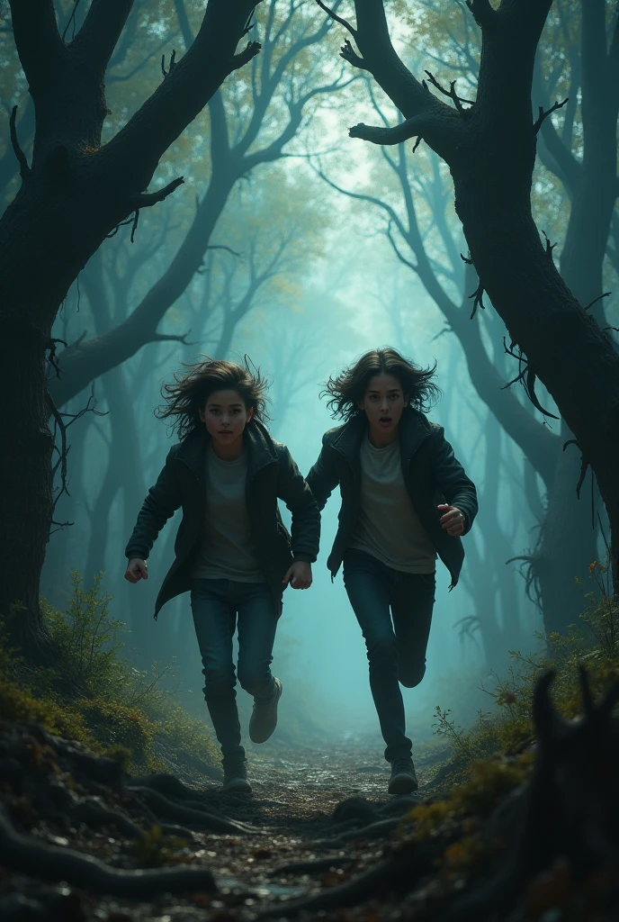 Two friends running to somewhere in the dark forest