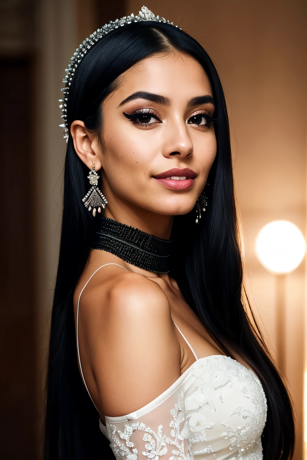 realistic portrait of an extremely beautiful Salvadoran woman, smiling, wearing a tight black Scuba Crepe 3/4 Sleeve Split V-Neck Sheath Dress, wearing a choker, detailed facial features, piercing eyes, wearing a headdress, elegant long eyelashes, beautiful lips, delicate nose, intricate jewelry, dramatic lighting, highly detailed, photorealistic, 8k, cinematic composition, dramatic pose, masterpiece