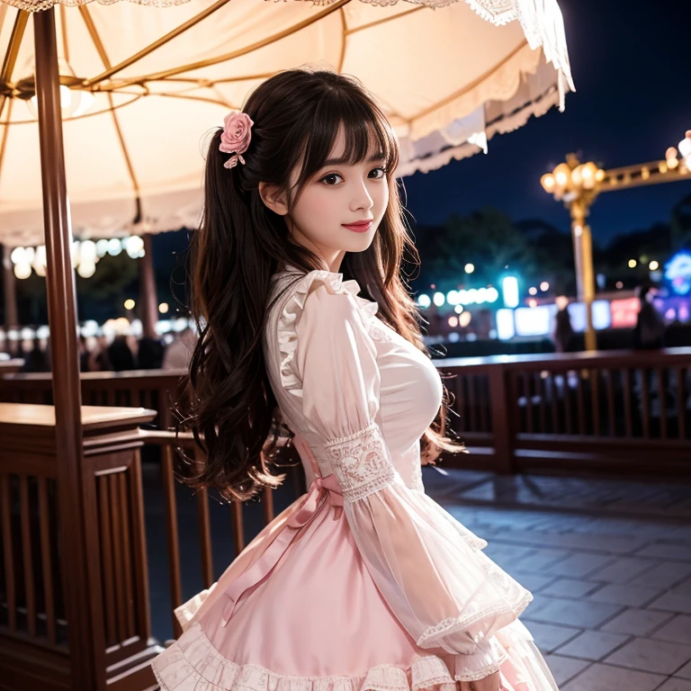 Bow at the back of the waist, Skirt length to calf, cupcake dress, Layered skirt with lace on each layer, Wear a LOLITA dress, layered dress, Pink lolita skirt, lots of lace, Long sleeve, Wide sleeves, Big skirt, layered lace skirt, Puff sleeves, Wide sleeves, Transparent sleeves, intricate details showcase the ruffles and intricate designs of the Lolita dress, Wearing a lolita dress, in the amusement park, at disneyland, The background is a carousel, best quality, Delicate face,beautiful visual work, lifelike, eternity, black hair, Long curly hair, blunt bangs, Smile, Detailed Background, Delicate face,blush,cold,((masterpiece))、(top quality)、8k、high detail、Super detailed,41-year-old female, masterpiece、born、Scenes resembling fairy tale illustrations、intricate details和複雜的設計、Beautifully、magic、capricious、 Beautifully、Dream aesthetics、「𝓡𝓸𝓶𝓪𝓷𝓽𝓲𝓬、ethereal、charming、fickle、magic」、realism、Visual effects、FXAA、SSAO、Shader、voiceless、ambient lighting、Tone mapping、High resolution、Ultra high quality、Million pixels、(8K resolution:1.10)、8k、8k以下、8K resolution、high detail、intricate details, (high quality:1.2、masterpiece:1.2、:1.21)、(41-year-old female:1.21)、(興奮地Smile)、(Surrounded by a dreamy atmosphere、Model diagram,full-body shot,Normal 2 feet,The protrusion of the breast is visible when wearing clothes, Large Breasts, H cup chest, pink clothes, Don't show your fingers, full-body shot, full-body shot,full-body shot,full-body shot,full-body shot,full-body shot,full-body shot,full-body shot,hands hidden in clothes, hands hidden in clothes,hands hidden in clothes,hands hidden in clothes,hands hidden in clothes,hands hidden in clothes,hands hidden in clothes,hands hidden in clothes,hands hidden in clothes, ,hands hidden in sleeves ,hands hidden in sleeves ,hands hidden in sleeves ,hands hidden in sleeves ,hands hidden in sleeves ,hands hidden in sleeves ,hands hidden in sleeves ,hands hidden in sleeves, arms behind back, arms behind back, Bow hair ornament, hands hidden in sleeves, hands hidden in sleeves,hands hidden in sleeves