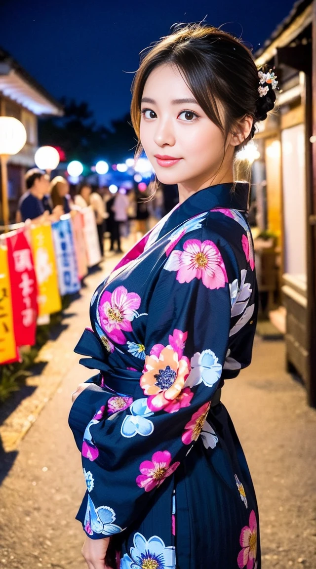 (8K, Realistic, RAW Photos, Highest quality: 1.4, detailed),Japanese idol-style beautiful girl,1 person,18-year-old,(Black Hair),Hair is in a bun,Large, clear grey eyes,Long eyelashes,(piercings(small)),(Lip gloss),lips(Plump,glossy),yukata(Japan Traditional Dresses,Long length),Thick obi,Night Festival,Knee Top Portrait