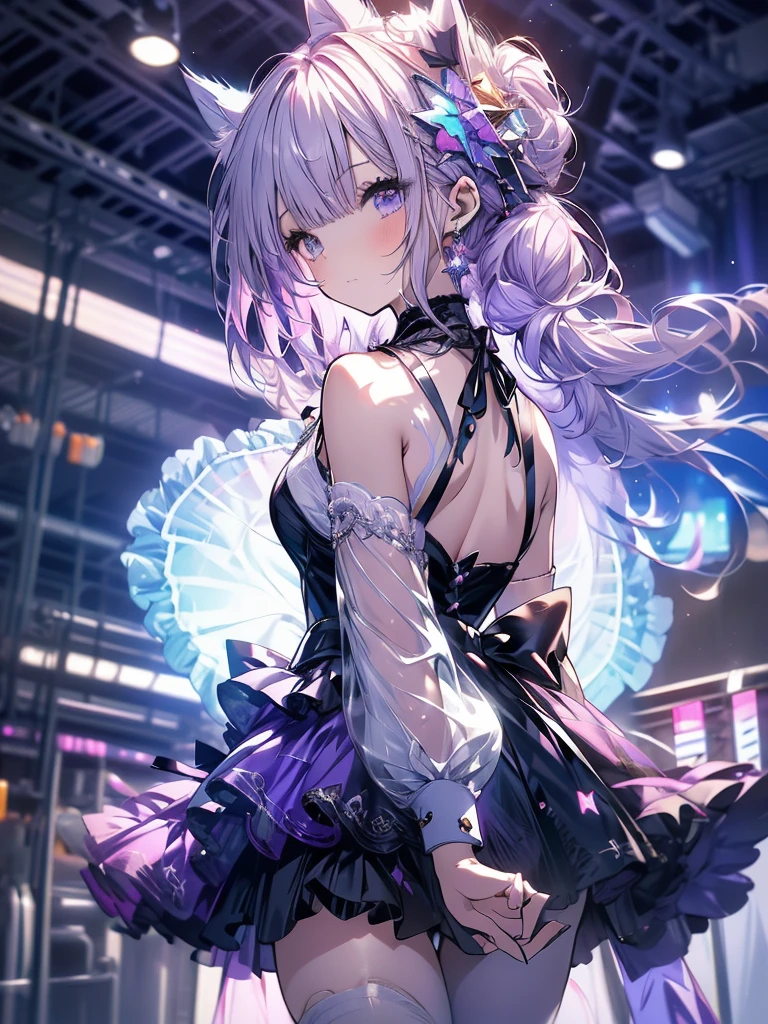 An anime girl with purple hair, wearing a purple dress、Anime with purple cat ears, pastel inspired by Shigemasa Kitao, Anime Moe Art Style, Hajime Yatate, Favorite character, From desire, Very Beautiful Anime Cat Girl, Anime cat girl in maid clothes, The fox and the bush High resolution, (1 person), (Best image quality,4K,8k,masterpiece:1.2) Spread your legs (Turn your back to your audience:1.3),Butt