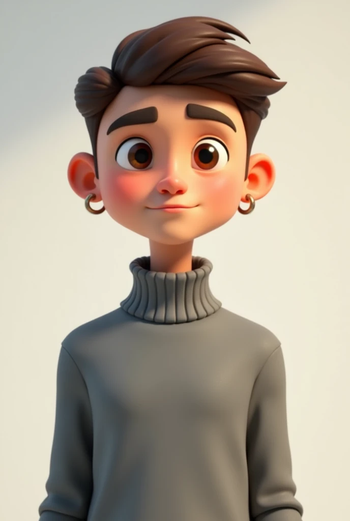 A young man , with short brown hair, small hoop earrings, square face, and brown eyes, wearing a gray turtleneck. 3d cartoon.