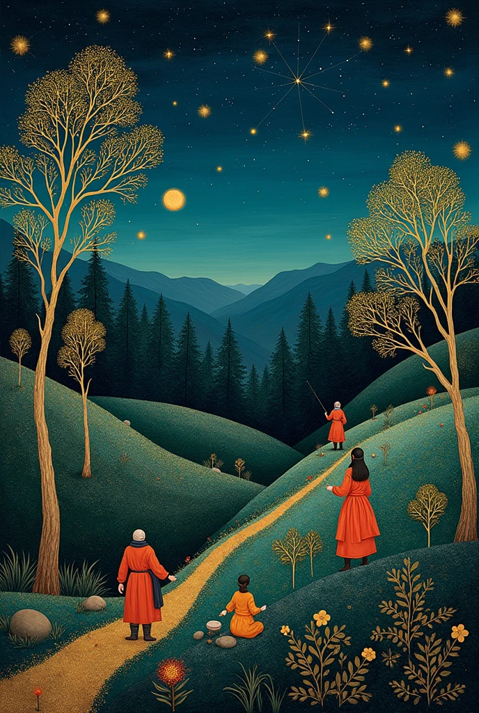 The painting depicts a serene, stylized landscape in the manner of Gustav Klimt, blending elements of European and Sami mythology. The scene features rolling hills and dense forests rendered in deep, rich greens and blues. Intricate, golden patterns reminiscent of Klimt's signature style adorn the trees and foliage. In the foreground, figures in traditional Sami clothing are seen engaged in harmonious activities with nature. The sky is a deep, clear indigo, dotted with luminous stars forming constellations from both European and Sami lore. A sense of peaceful anarchy permeates the scene, with no visible hierarchy or structures of authority. The overall color scheme is dark yet soothing, with jewel-toned hues that are easy on the eye. The painting exudes a folksy, utopian atmosphere that celebrates the connection between humans and nature.