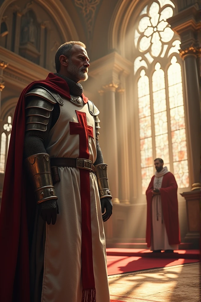 A Templar knight without a helmet inside a church next to a window. Rays of light enter through the window while the knight looks at the priest who is on the stage