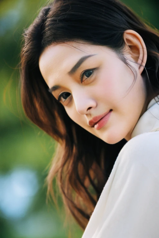 1girl, quite a bit body, Realistic photograph best quality portrait of a beautiful gorgeous young cute Asian woman, 21yo., looking at viewer, detailed face, Realistic texture human skin, very beauty long and slender bright glowing face, droopy hooded eyes, wavy nose, full wide lips, close lips wided smile, wind tousled ponytail, studio portrait, (((young Marion Cotillard  blended face mixed with young Anne Hathaway))), wearing white wuxia clothing, hand up to swing up hair, flirting smiling portrayal, ethereal girl, intimate lighting sturdy, real photo, brown eyes, best quality, masterpiece, Leica SL3, Summicron-SL 75mm ASPH, F/1.8, (cinematic still:1.2), Film Never Die Kiro 400 film, bokeh, rim lighting, silhouette, shallowed depth of field, 