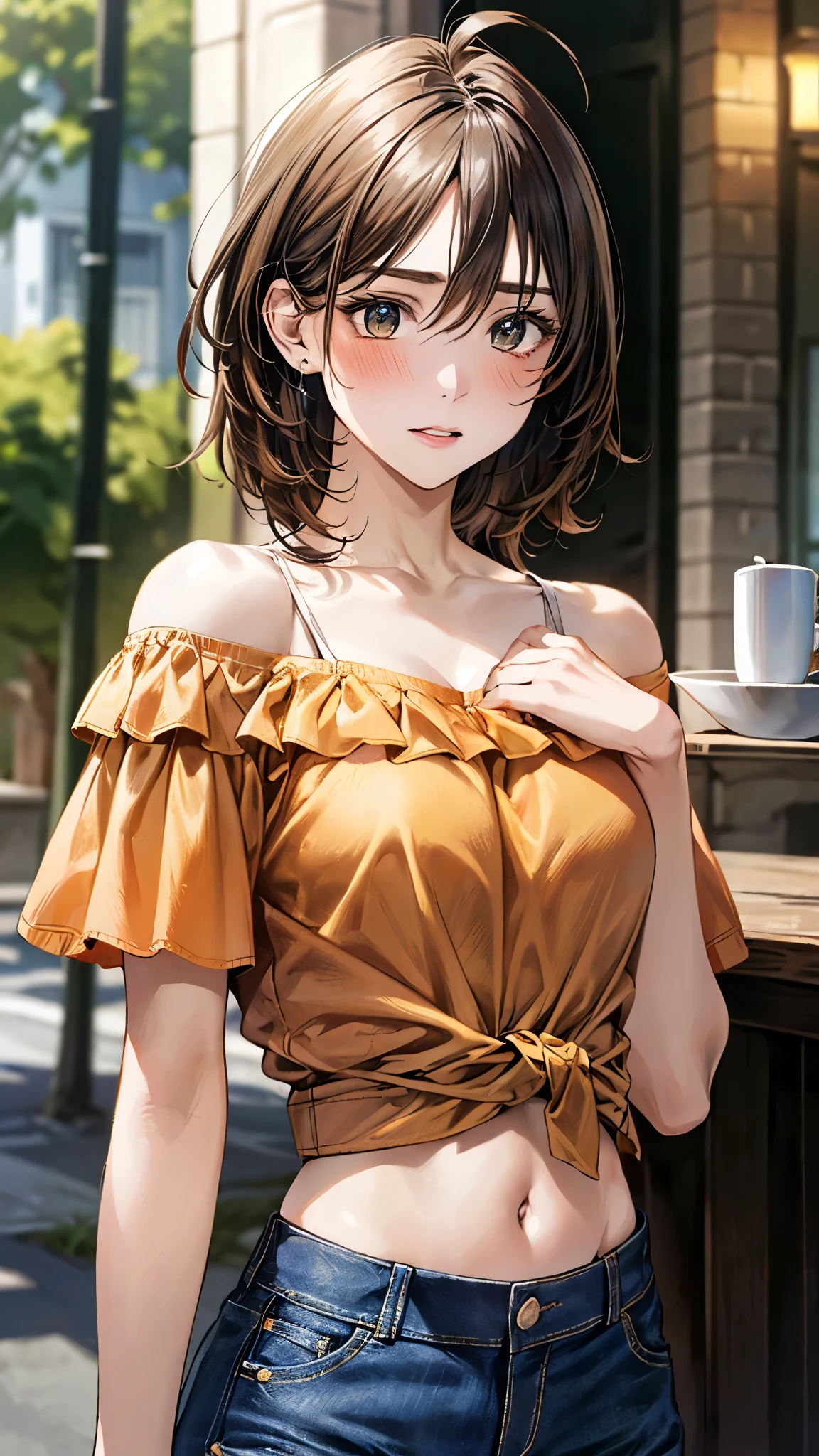 (masterpiece:1.3, top-quality, ultra high res, ultra detailed), (realistic, photorealistic:1.4), beautiful illustration, perfect lighting, natural lighting, colorful, depth of fields, surrealism, 
beautiful detailed hair, beautiful detailed face, beautiful detailed eyes, beautiful clavicle, beautiful body, beautiful chest, beautiful thigh, beautiful legs, beautiful fingers, 
looking at viewer, (face focus, upper body), 1 girl, high school girl, (perfect anatomy, anatomically correct, super detailed skin), cute and symmetrical face, babyface, perfect face, perfect eyes, shiny skin, 
(short hair, sideburns, straight hair, light brown hair), ahoge, hair between eyes, blue-green eyes, big eyes, long eyelashes, (medium breasts, seductive thighs), slender, narrow waist, 
(detailed cloth texture, break short sleeve off- shoulder orange shirt, midriff:1.2, break denim tight skirt), break 
(beautiful scenery), evening, (caffee:1.2), (hair twirling), (blush, embarrassed, parted lips), 