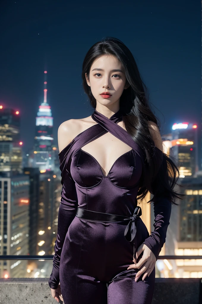 (((best quality))),(((ultra detailed))),(((masterpiece))),illustration,((1girl,Rui Kisugi,solo)),((slim,thin)),(huge breasts:1.3),(long wavy hair:1.2),((bare shoulder,shoulder off,cleavage)),(dark purple full-body tight-fitting catsuit:1.3),(wearing cyan ribbon around waist:1.3),(standing:1.3),(On the roof of skyscraper:1.3),(city view:1.2),(night scene:1.3),elegant,confident,athletic,curves,(slender legs:1.2),waist,concrete,glass,buildings,starry sky,natural beauty,captivating,thought-provoking,((from front,upper body))