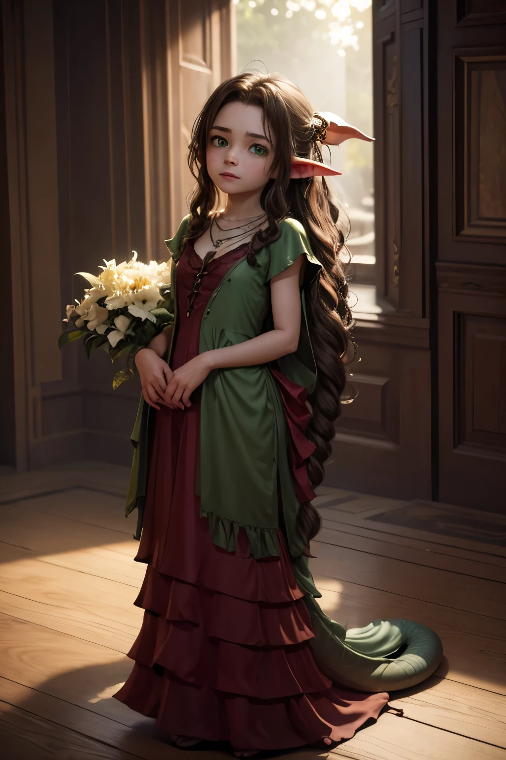 (Realisttic:1.2), analog photo style, (cute goblin wooman looking like elf, intensed green serpent's eyes, surrounded by a gloomy antique setting), (her full body s a visual pleasure), faint smile, soft shading expresses beautiful skin texture, silk material, Graceful curve, necklace, rich and lustrous hair, three dimensional effect, gloomy dark atmosphere, play of light in the sun rays, a delicate balance between beauty and darkness, faded colours, great quality, Masterpiece, intricate fantasy background, naturally cinematic light, 16k quality, HDR, RAW photo