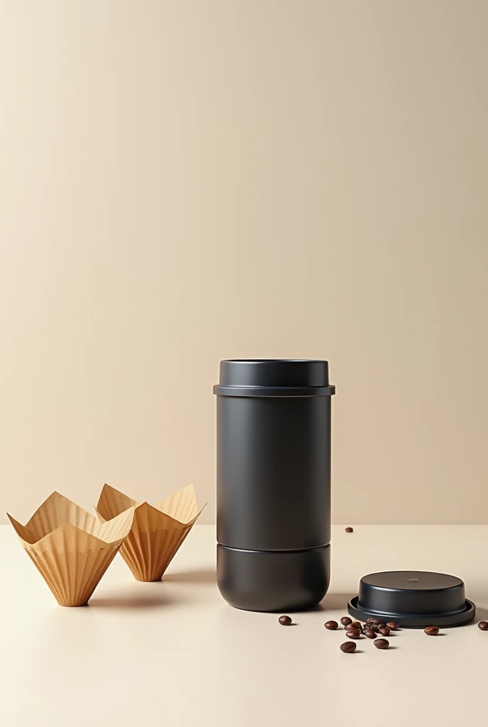 Create a mug with a screw-on lid that is 8 cm tall, that incorporates a space in its lower part to introduce coffee beans and grind them, next to the cup put several coffee filters of the same diameter as the cup. Please do it without a logo