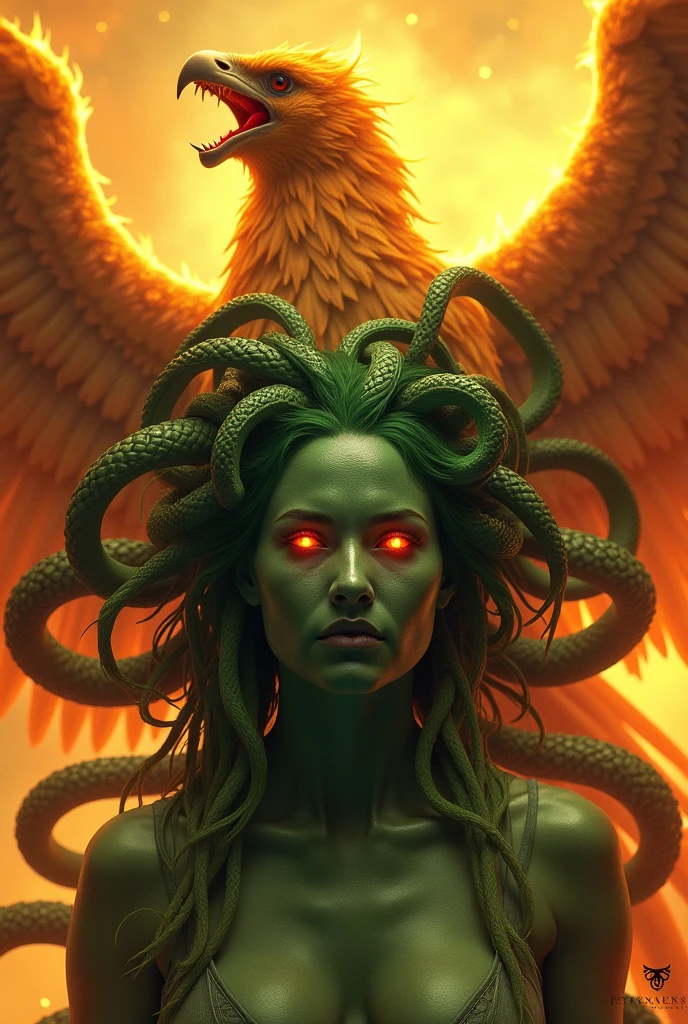I want the Medusa to be very scary and fierce, with penetrating gaze, green and spitting venom from her snakes and behind her a phoenix, showing how it is reborn from its ashes and with its soul very extended and with fire wings and let both beings have a shine that their brightness is noticeable, let's say the Medusa's green and the phoenix's firelight yellow.On the contrary, the giant phoenix and the medusa should appear very large and with a bold pose., that the phoenix behind her is more noticeable and with fire wings, that the Fire is very noticeable, LET THE PHOENIX AND ITS FIRE BE NOTICED, MORE THAN THE SNAKES AND THE GREEN OF MEDUSA ARE SEEN AND HOW BIG THE PHOENIX IS. More Fire and More Snakessss. Medusa is a woman, Medusa is green and her eyes must be like those that petrify someone., More snakes is not Ursula, They are not octopuses, They are snakessss, Y MAS FUEGO EN EL FENIX 🗣️‼️