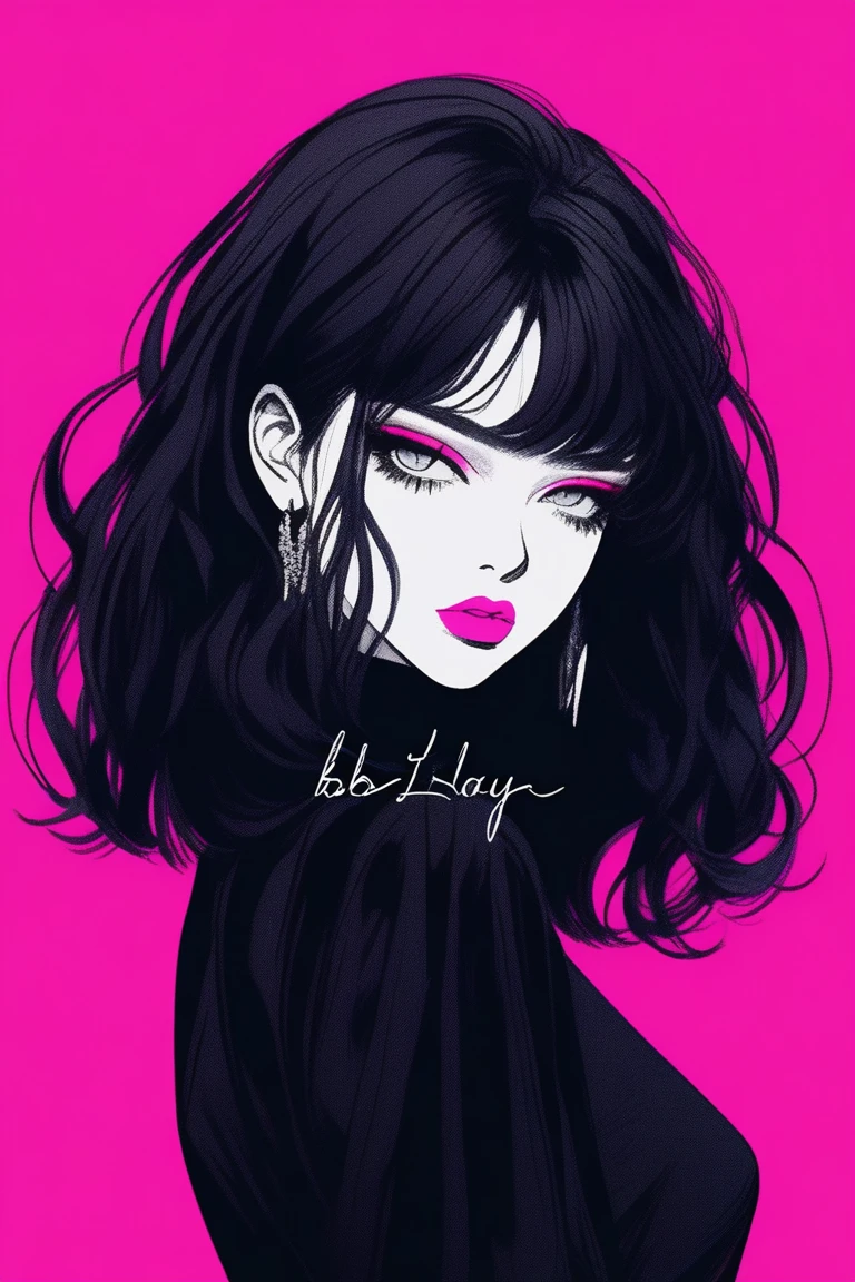 (best quality, sketch:1.2),realistic,illustrator,anime,1 girl, detailed lips, black dress8,custom, (background dark monochrome),neon hair,textured cropping, masterpiece, style retro classic, noir dark, art, sketch book, (bob hair black:1.75 neon:1.32), bad women , dark shadows 