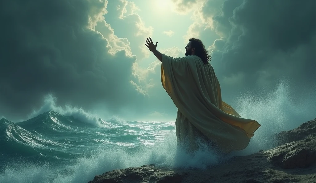 Moses raising his hand, as the waters of the Red Sea part around him. The sky is stormy, with dark clouds, creating an atmosphere of drama and miracle.