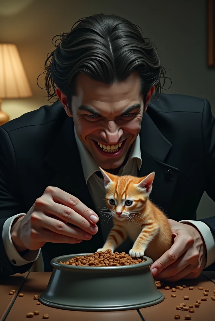 Ek creepy handsome man haste huye ginger kitten ko cat food jo cat food bowl me h apne hatho se de rha h