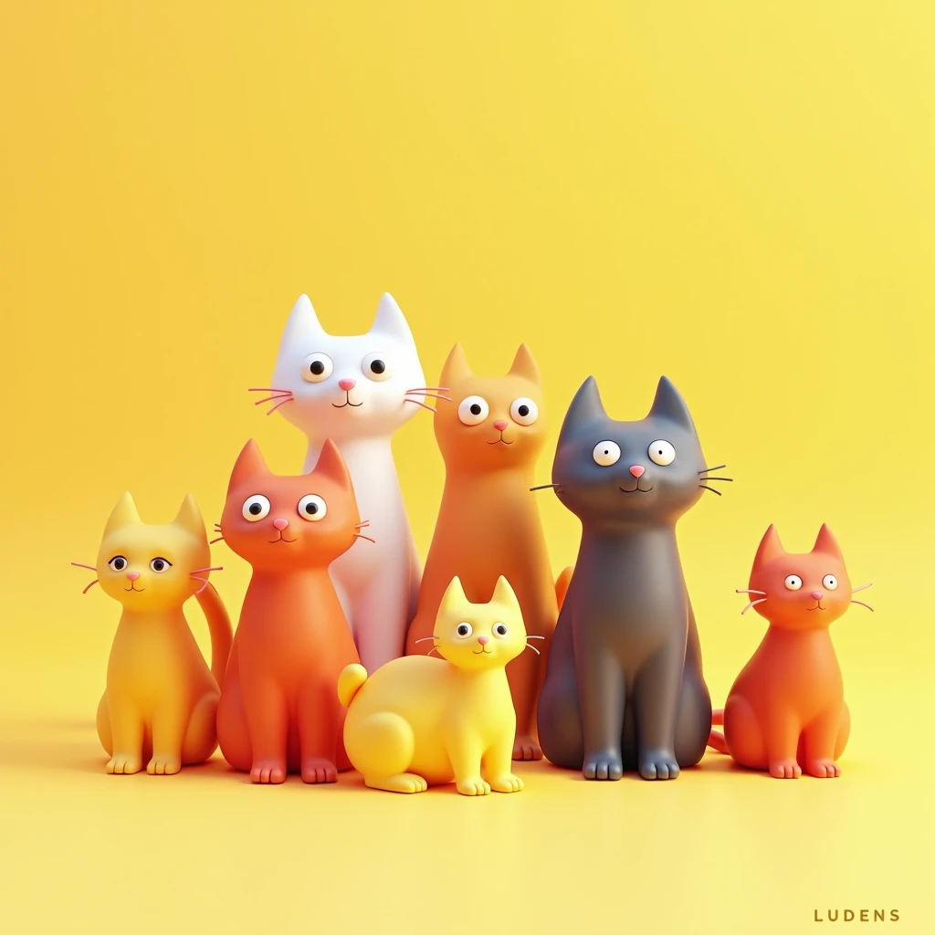 A captivating 3D render of a minimalist artwork featuring an intriguing puzzle of stylized unicolor cats. Each cat has expressive wide eyes and slightly varied poses, orientations, and shapes, creating a whimsical and playful composition. Each cat of a single and different color. The bold, simple lines and shapes of the cats stand out against a vibrant light-yellow background. The artist's small stylish signature, 'LUDENS', is on the right, making this conceptual art piece an intriguing illustration. The overall effect is clean, modern, and full of energy. Centered.