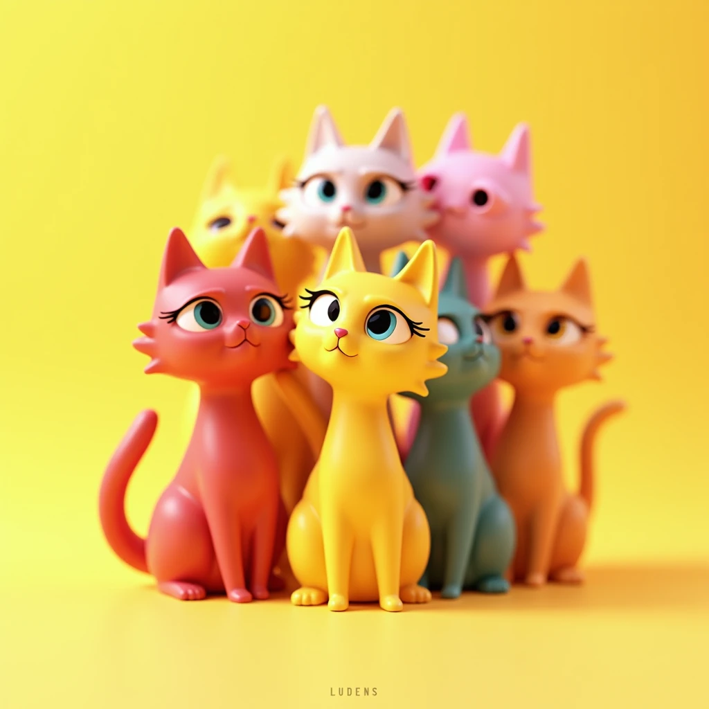 A captivating 3D render of a minimalist artwork featuring an intriguing puzzle of stylized unicolor cats. Each cat has expressive wide eyes and slightly varied poses, orientations, and shapes, creating a whimsical and playful composition. Each cat of a single and different color. The bold, simple lines and shapes of the cats stand out against a vibrant light-yellow background. The artist's small stylish signature, 'LUDENS', is on the right, making this conceptual art piece an intriguing illustration. The overall effect is clean, modern, and full of energy. Centered.