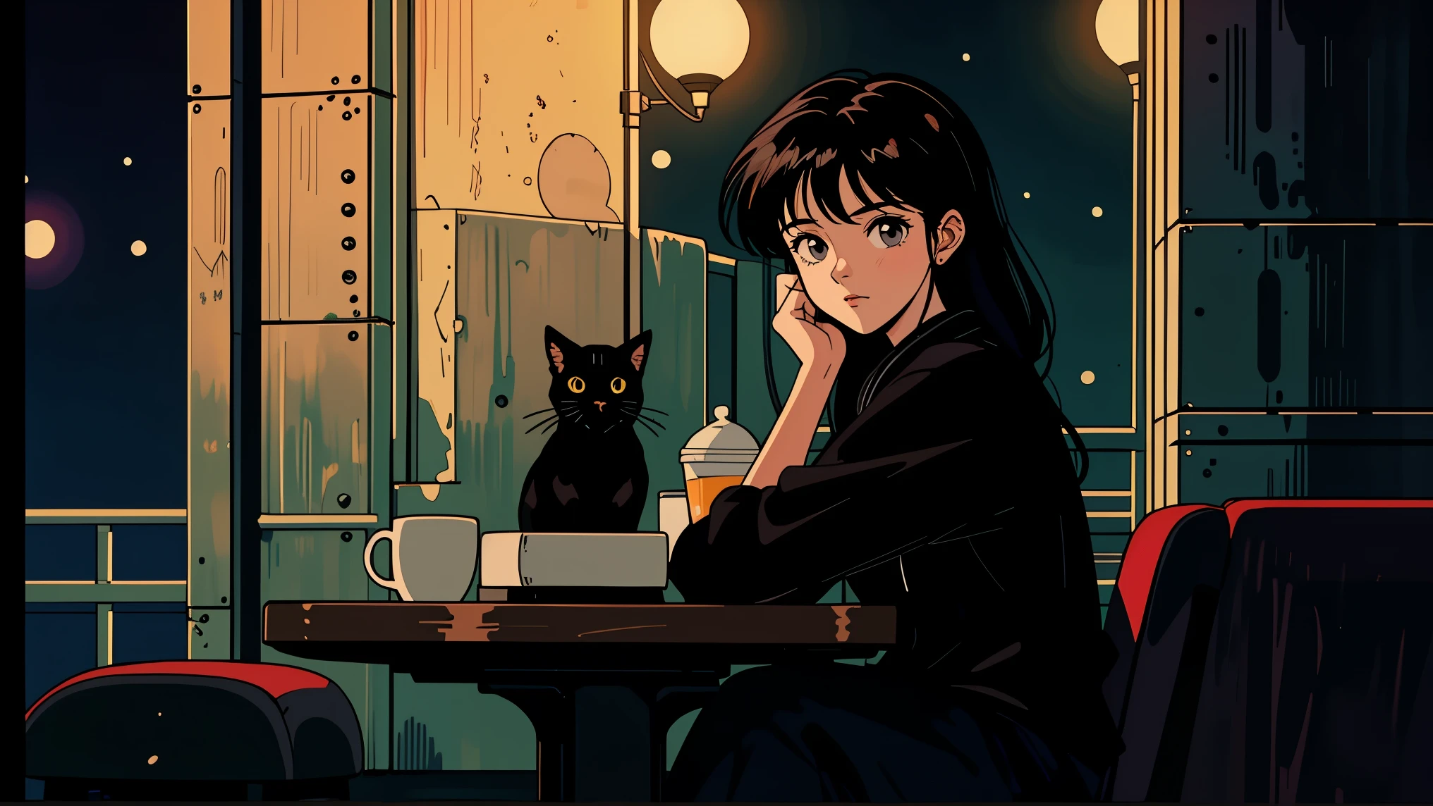 Highest quality, 8k, 1990s style,Hairstyles of the 2010s, 21 year old girl, Black Hair, Long Hair, Light brown eyes, City Pop, pants ,Night view, Wear headphones, whole body, Relax Coffee,table,making,look at me, Black cat