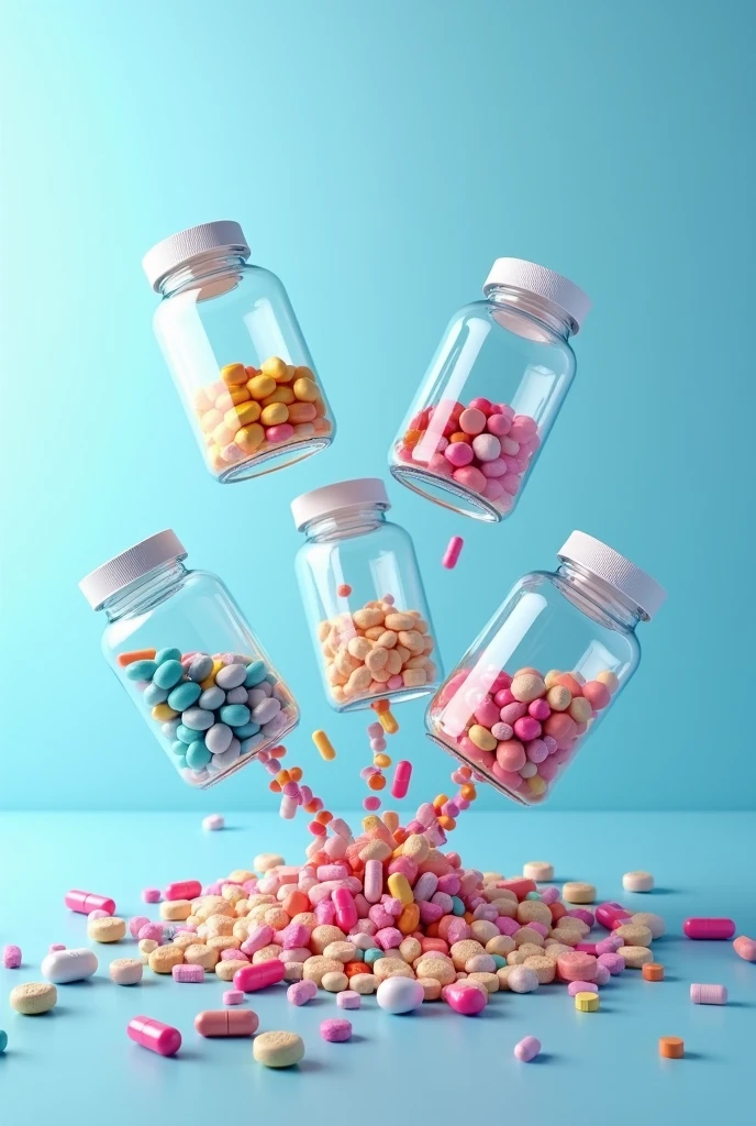 Five transparent plastic bottles containing colorful capsules and tablets pour out against a light blue background.