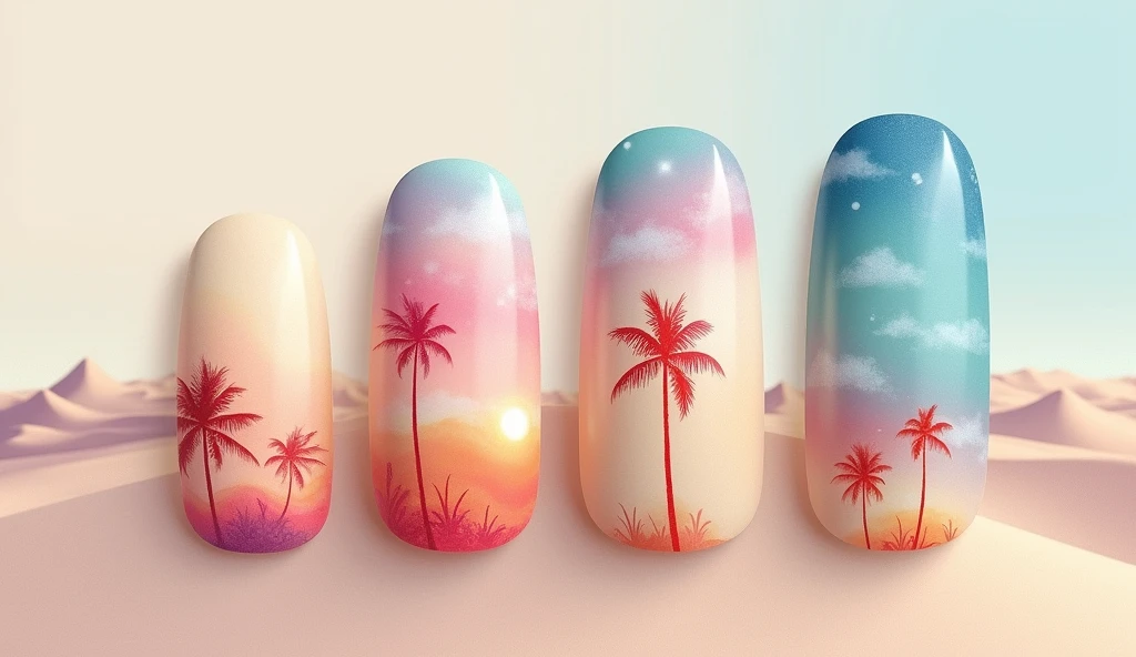 Tropical Mirage Nail Art: Create an illusion of a distant tropical paradise with this design. Each nail showcases a soft, sandy beige base with watercolor-like splashes of sunset pink and ocean blue. The design includes delicate, hand-painted illustrations of palm trees and distant mountains, giving a dreamy and far-off feeling. The background is a gradient from light cream to pale blue, enhancing the mirage effect.