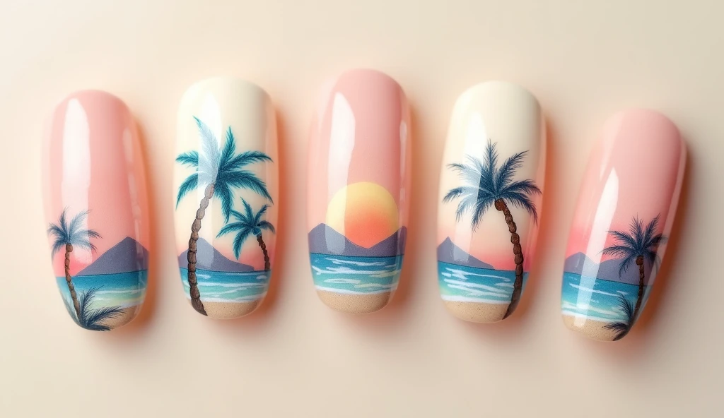 Tropical Mirage Nail Art: Create an illusion of a distant tropical paradise with this design. Each nail showcases a soft, sandy beige base with watercolor-like splashes of sunset pink and ocean blue. The design includes delicate, hand-painted illustrations of palm trees and distant mountains, giving a dreamy and far-off feeling. The background is a gradient from light cream to pale blue, enhancing the mirage effect.