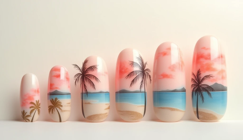 Tropical Mirage Nail Art: Create an illusion of a distant tropical paradise with this design. Each nail showcases a soft, sandy beige base with watercolor-like splashes of sunset pink and ocean blue. The design includes delicate, hand-painted illustrations of palm trees and distant mountains, giving a dreamy and far-off feeling. The background is a gradient from light cream to pale blue, enhancing the mirage effect.