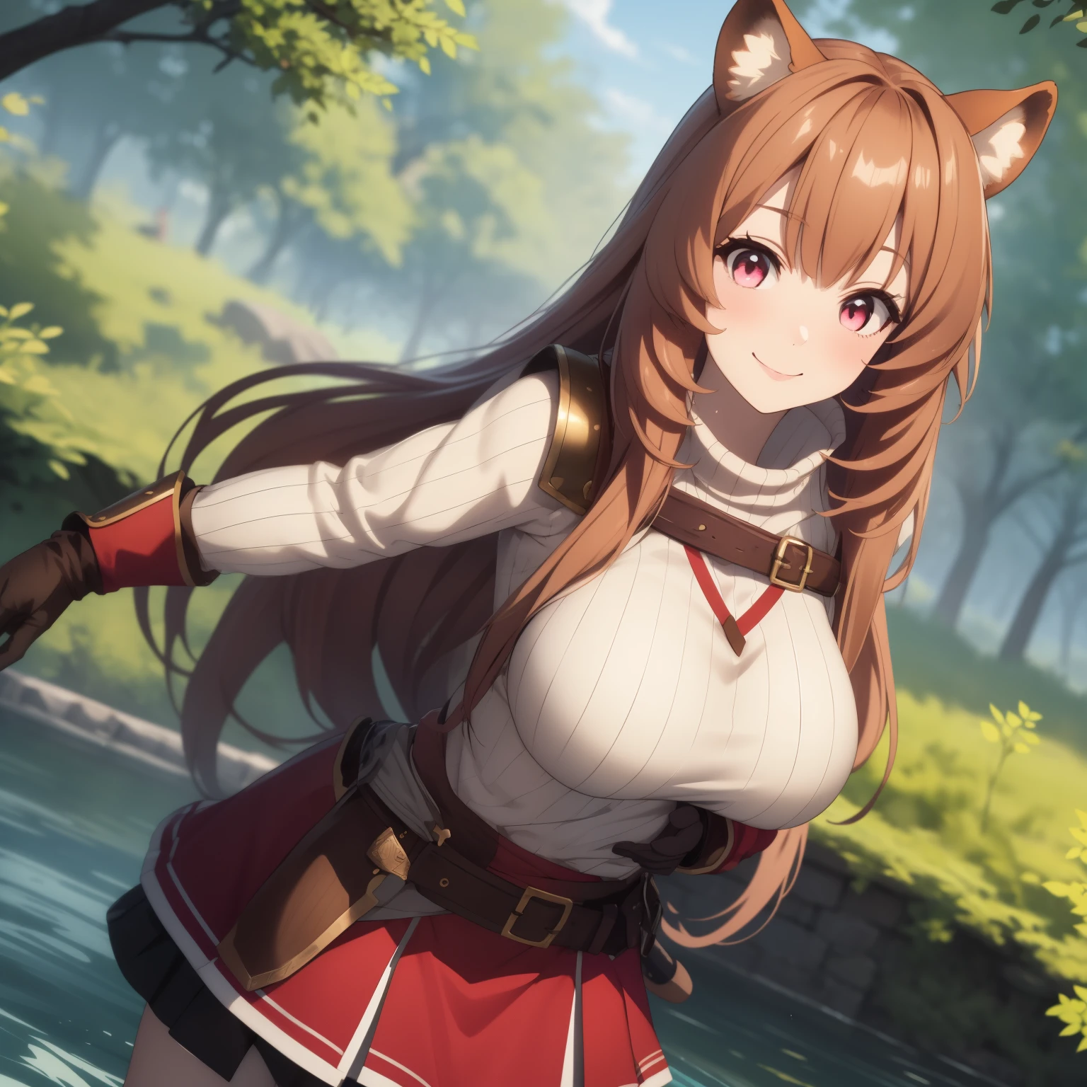 score_9, score_8_above, score_7_above, fountain_cheered up, Raphtalia, Raphtalia, by the wide, hits, by naranjo, animal ears, raccoon ears, big breasts, raccoon tail, raccoon girl, pink eyes, smile, long sleeves, sweater, ribbed sweater, puffy sleeves, breastplate, Love, red Love, gloveletes, glove, brown gloves, belt, Skirt, armor, outdoor, forest, nature, looking at the viewer, cowboy shot, dutch angle, dynamic pose, big breasts.