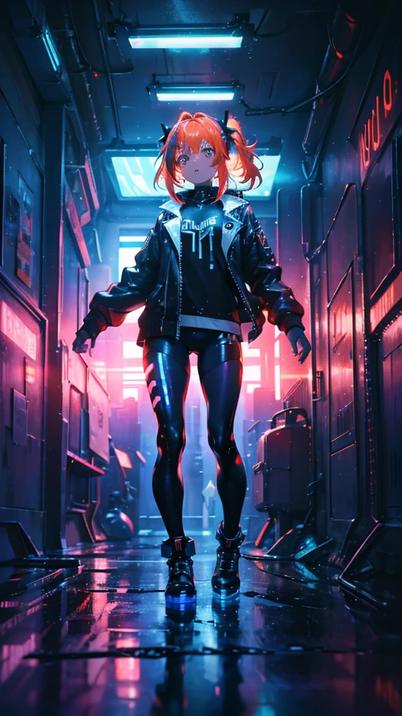 (((Shine, hologram, Blurred, Digital Dissolve, cyber punk, Melting clothes, Dissolving Body, Glitch))), Combat Stance, View your viewers, ultra detailed, Highest quality, beautiful, detailed, alone, One person, Redhead, Orange eyes, Amber Eyes, Swept-apart bangs, Parted bangs, Low twin tails, short hair, Medium Hair, Small breasts, (tsurime:1.2), leggings, leather jacket, Long shirt, Combat Boots, hoodie, Surrealism, cinematic lighting, masterpiece, UHD, high details, best quality, highres, 8k