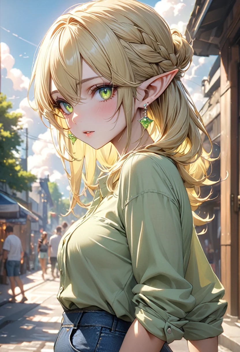 perfect eyes, soft light, high quality, 4k resolution, masterpiece, textured skin, high details, detailed face, detailed eyes, best quality, award winning, super detail, high quality, elf, light yellow hair, half updo, pointy ears, crystal earrings, lime green linen shirt, Roll up the sleeves of her long-sleeved shirt, denim pants, street fashion, casual outfit, cumulonimbus clouds in the background, midsummer sunshine