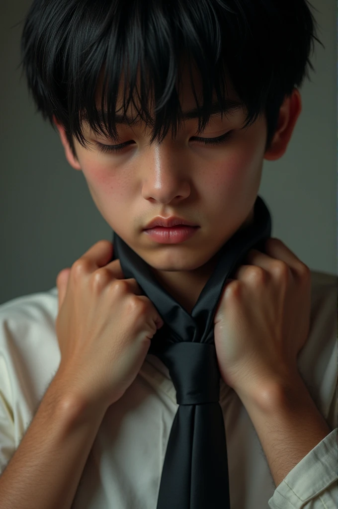 The satin black tie presses down on the thin neck, The glossy boy, his face is sweaty, expresses suffocation, eyes closed, black straight hair is combed to the right, a thin tie holds, Hairy, Male hand