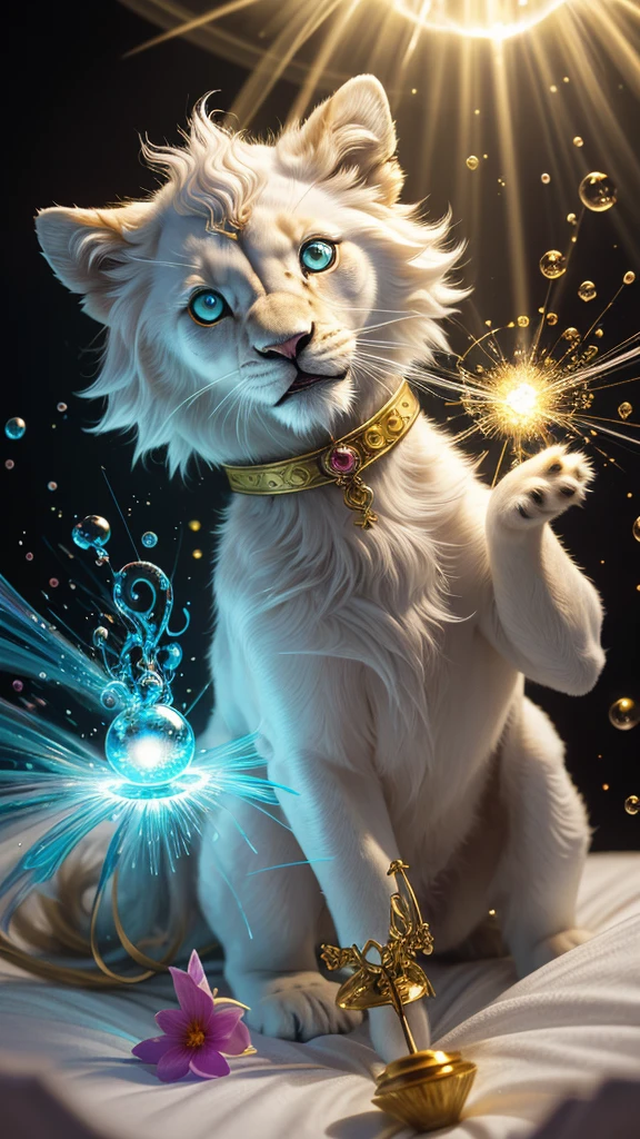 splash art, luminism, fantasy acrylic, digital painting , a close up little cute magic chibi fantasy white color lion dog in bed, flowers, butterflies, sparks, magic creature made of colors, big reflective eyes, splash style of colorful paint, paint dripping, color waves, close portrait, color drops, fairytale, dynamic lighting, artstation, by Peter Mohrbacher, craola, WLOP, masterpiece, golden glowing, bubbles, transparent smoke, sunbeams