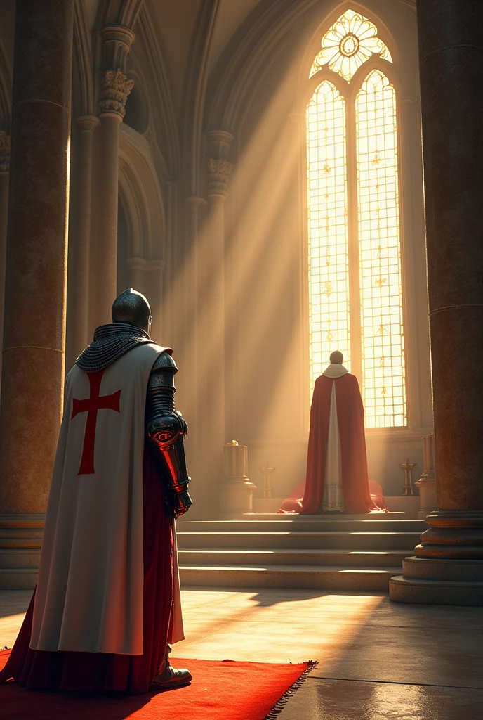 A Templar knight without a helmet inside a church next to a window. Rays of light enter through the window while the knight looks at the priest who is on the stage