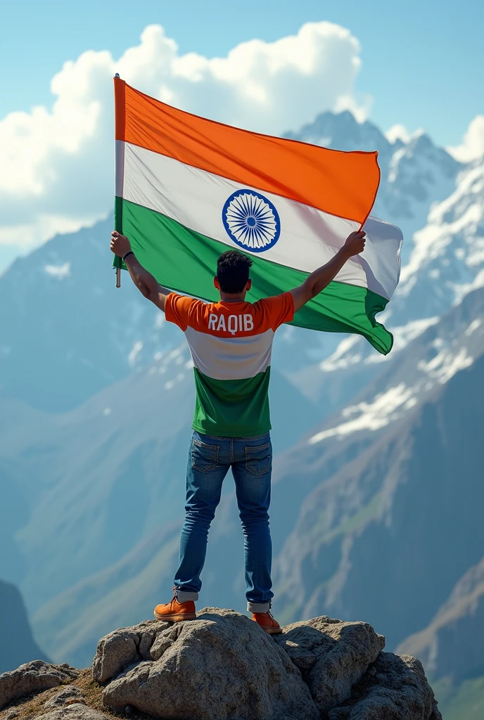 Man on Top Of The Mountain Wearing Tri colour Of Indian Flag t shirt With RAQIB Name on His Back Holding Indian Flag In His Hand & Wearing Indian Flag t shirt 4K Ultra Realistic Image