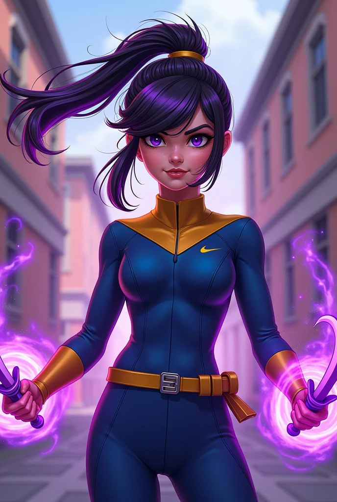 Create an image based on Marvel Comics style of a college girl with an appearance between 19-21 years old., De pele clara, blackquality hair, long, with a purple fringe and tied in a ponytail, wearing a blue and yellow uniform. she's using her powers levitating several blades similar to Irelia's (league of legends) in the background of the image with a purple aura. she has a powerful look, the university is visible in the background of the image. It shouldn't contain, testi, Numbers.
