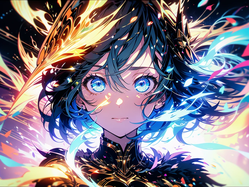 Anime style,girl,Turn to the left,Head up,Right hand raised,Dark background,There is green light in the hand