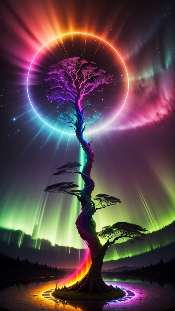 a rainbow colored tree in the middle of a circle with a bright light, colorful aura, cosmic tree of life, cosmic tree, ethereal rainbows, mystical colors, beautiful spectrum of vibrancy, rainbow aurora, magical tree, cosmic and colorful, magical colors and atmosphere, rainbow reflection, magical colours and atmosphere, magic world. colorful, rainbow lighting, colorful picture, colorful glow