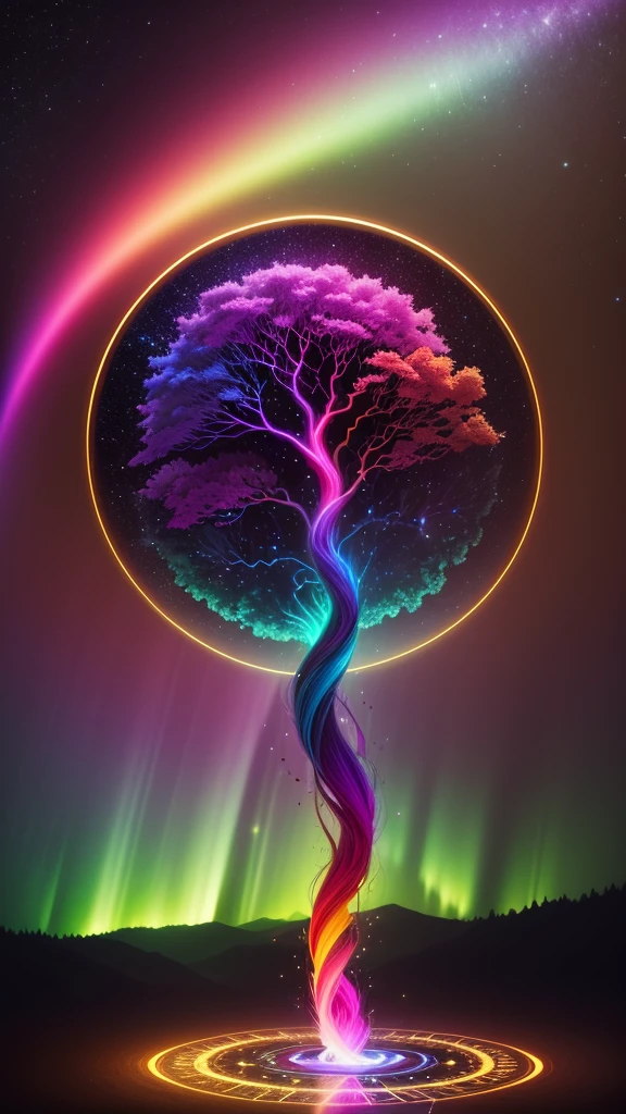 a rainbow colored tree in the middle of a circle with a bright light, colorful aura, cosmic tree of life, cosmic tree, ethereal rainbows, mystical colors, beautiful spectrum of vibrancy, rainbow aurora, magical tree, cosmic and colorful, magical colors and atmosphere, rainbow reflection, magical colours and atmosphere, magic world. colorful, rainbow lighting, colorful picture, colorful glow