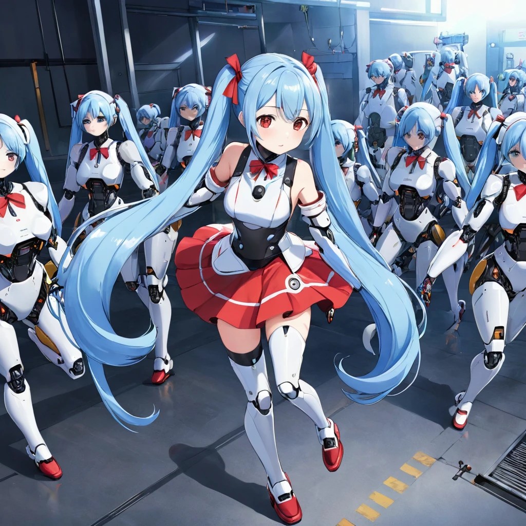 Light blue long hair、A beautiful robot girl with red ribbon twintails、There are many small robots lined up.、Robot Manufacturing Institute、The robots all start running.、Splash Art