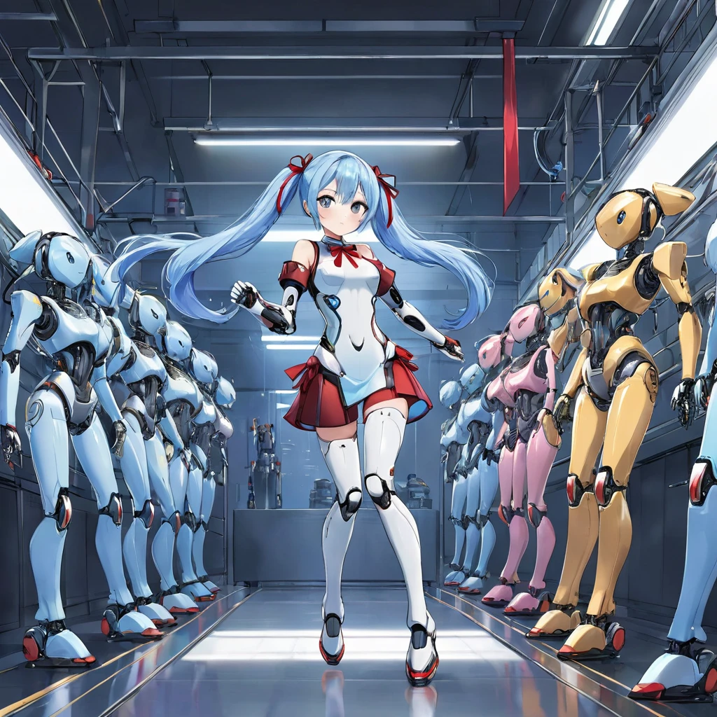Light blue long hair、A beautiful robot girl with red ribbon twintails、There are many small robots lined up.、Robot Manufacturing Institute、The robots all start running.、Splash Art