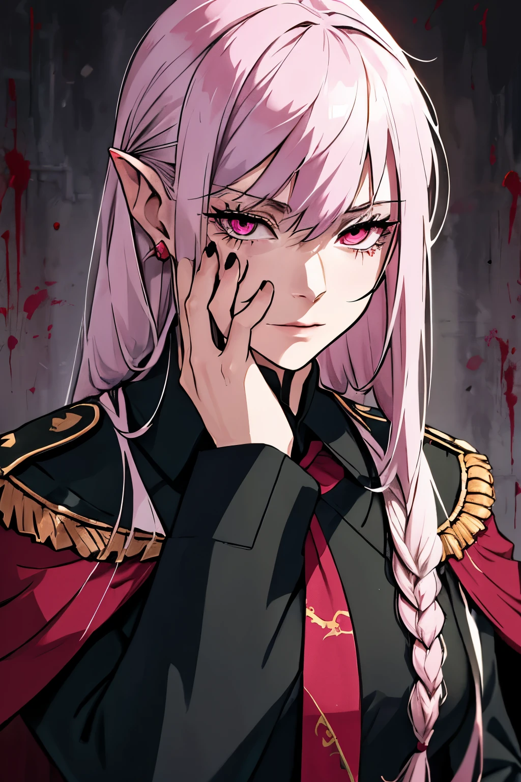 work of art, best qualityer, highy detailed, 
1 girl,  military dress uniform, black suit palm of the hand, face covered, bleeding, blood in The face, Grieving, trunk, pink eyes, long hair, White hair, elfo, pointy ears
 