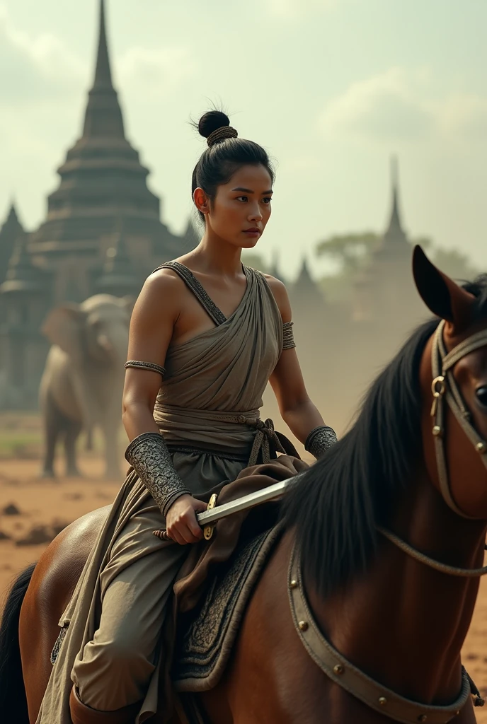 Ancient Siamese female warrior. She has a very short ancient Thai hairstyle. She is full of strength, wearing a chest cloth, loose trousers and carrying a large Thai sword. Riding a horse on an Ayutthaya battlefield nearby, with ruins of an ancient temple and an ancient Siamese village visible in the distance. An image of a royal elephant fighting in the background. Realistic photo. Still from a movie. Movie. Movie.