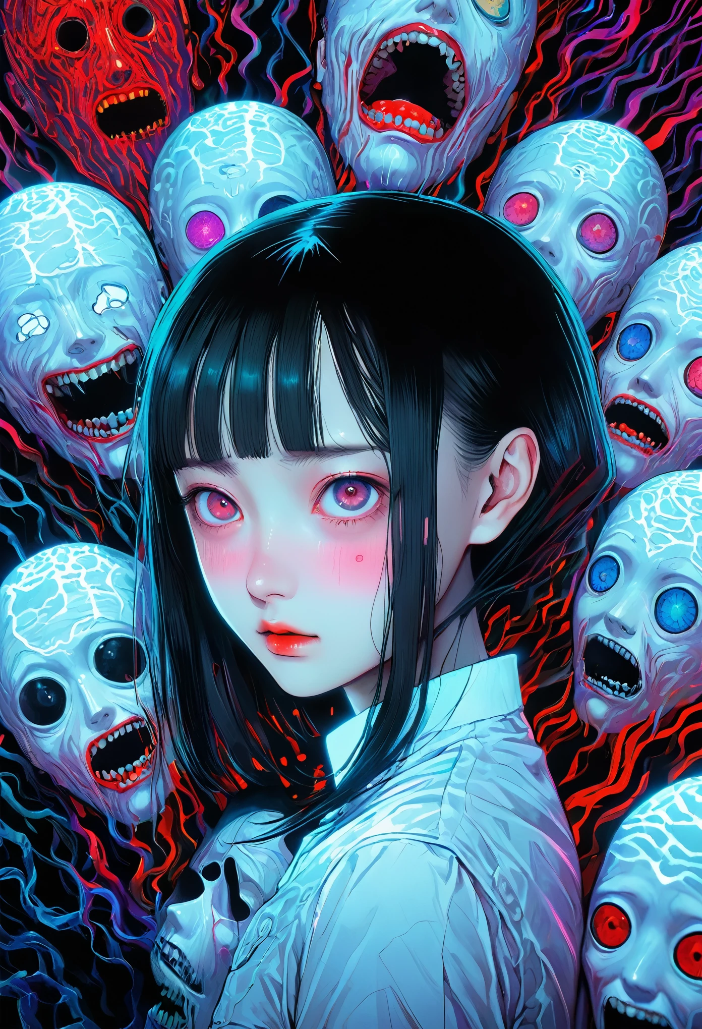 surreal horror, anime style, directed by Junji Ito, high contrast, vivid colors, eerie atmosphere, psychological tension, intricate line work, nightmarish creatures