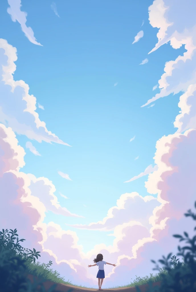 非常蓝of天空，有很多蓬松of云朵。let the clouds rotate around the center of the image。let the clouds rotate around the center of the image，and slightly scatter it。make the clouds look more realistic。I need the perspective to be，as if someone is lying on the floor looking up at the sky。now paint some clouds with pink。, of, 淡紫色柔和of颜色，make it more real。add some vegetation，to make it look more aesthetically pleasing。Remove the vegetation。&#39;dislike
