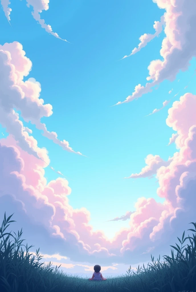 非常蓝of天空,有很多蓬松of云朵。let the clouds rotate around the center of the image。let the clouds rotate around the center of the image,and slightly scatter it。make the clouds look more realistic。I need the perspective to be,as if someone is lying on the floor looking up at the sky。now paint some clouds with pink。, of, 淡紫色柔和of颜色,make it more real。add some vegetation,to make it look more aesthetically pleasing。Remove the vegetation。'dislike