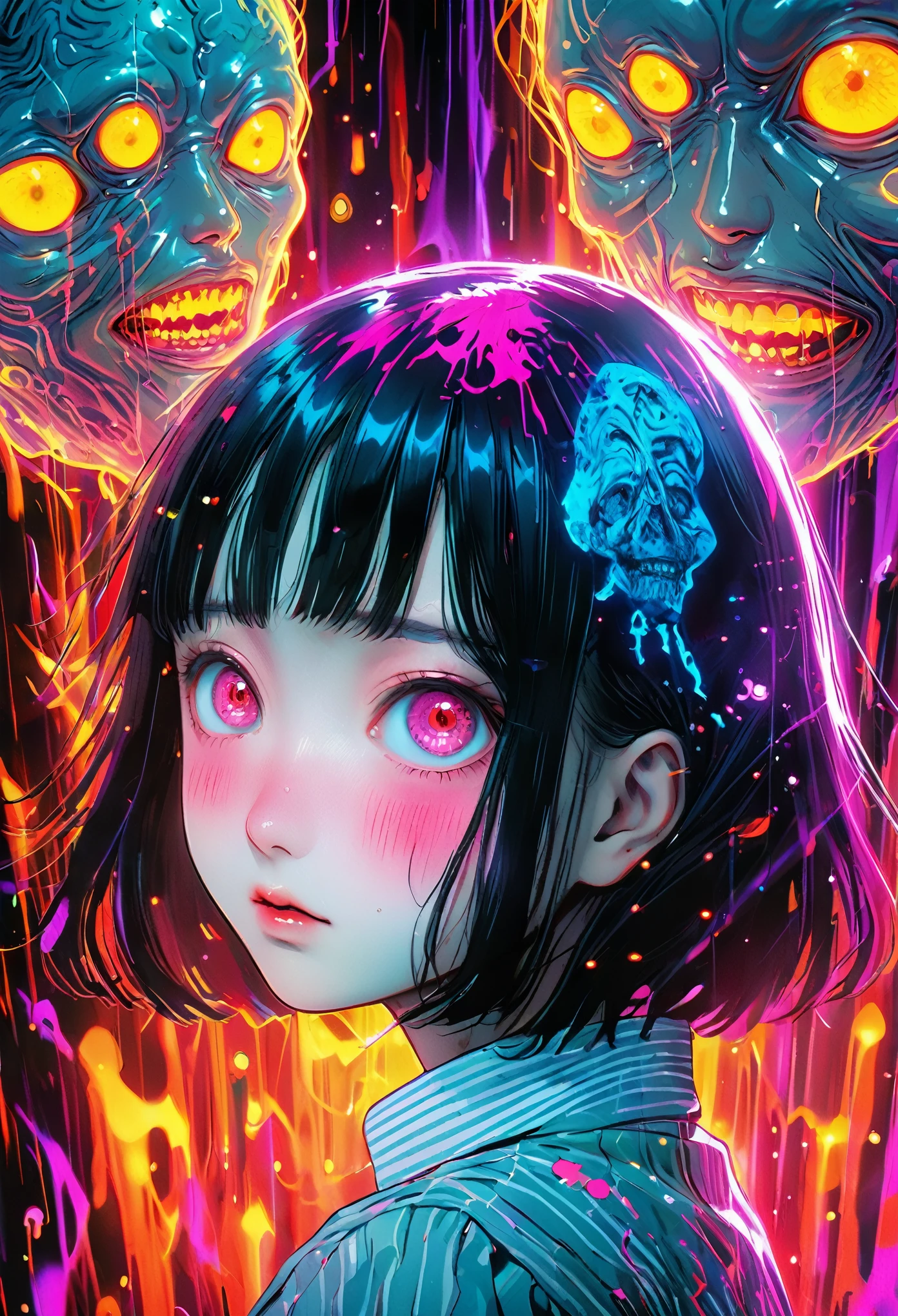 surreal horror, anime style, directed by Junji Ito, high contrast, vivid colors, eerie atmosphere, psychological tension, intricate line work, decapitated heads