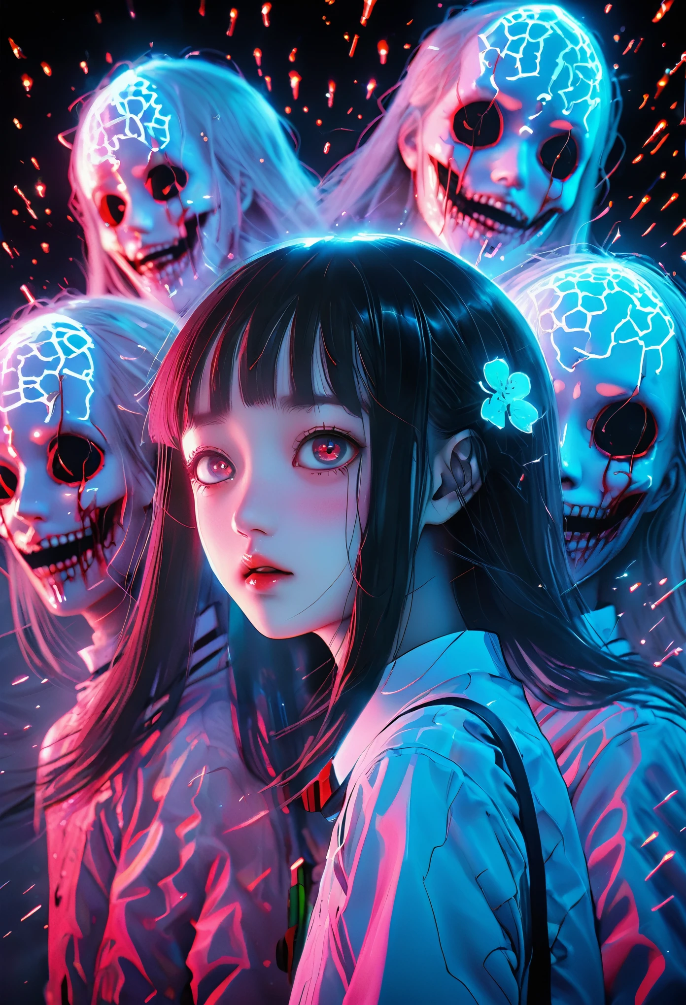 surreal horror, anime style, directed by Junji Ito, high contrast, vivid colors, eerie atmosphere, psychological tension, intricate line work, decapitated heads