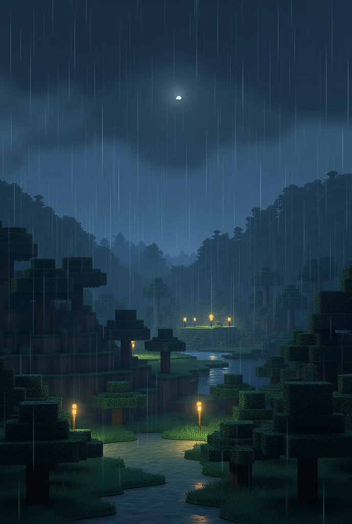 A gif of a Minecraft landscape raining at night