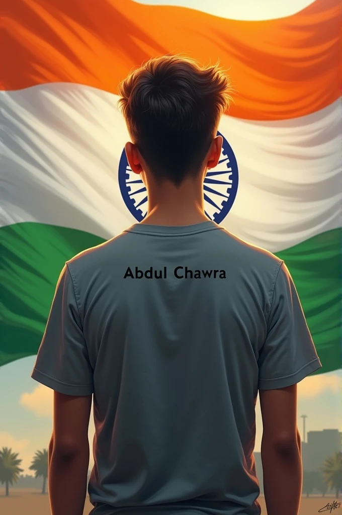 A 20 year old boy standing facing the Indian flag with the name Abdul Chawra written on the back of his t-shirt