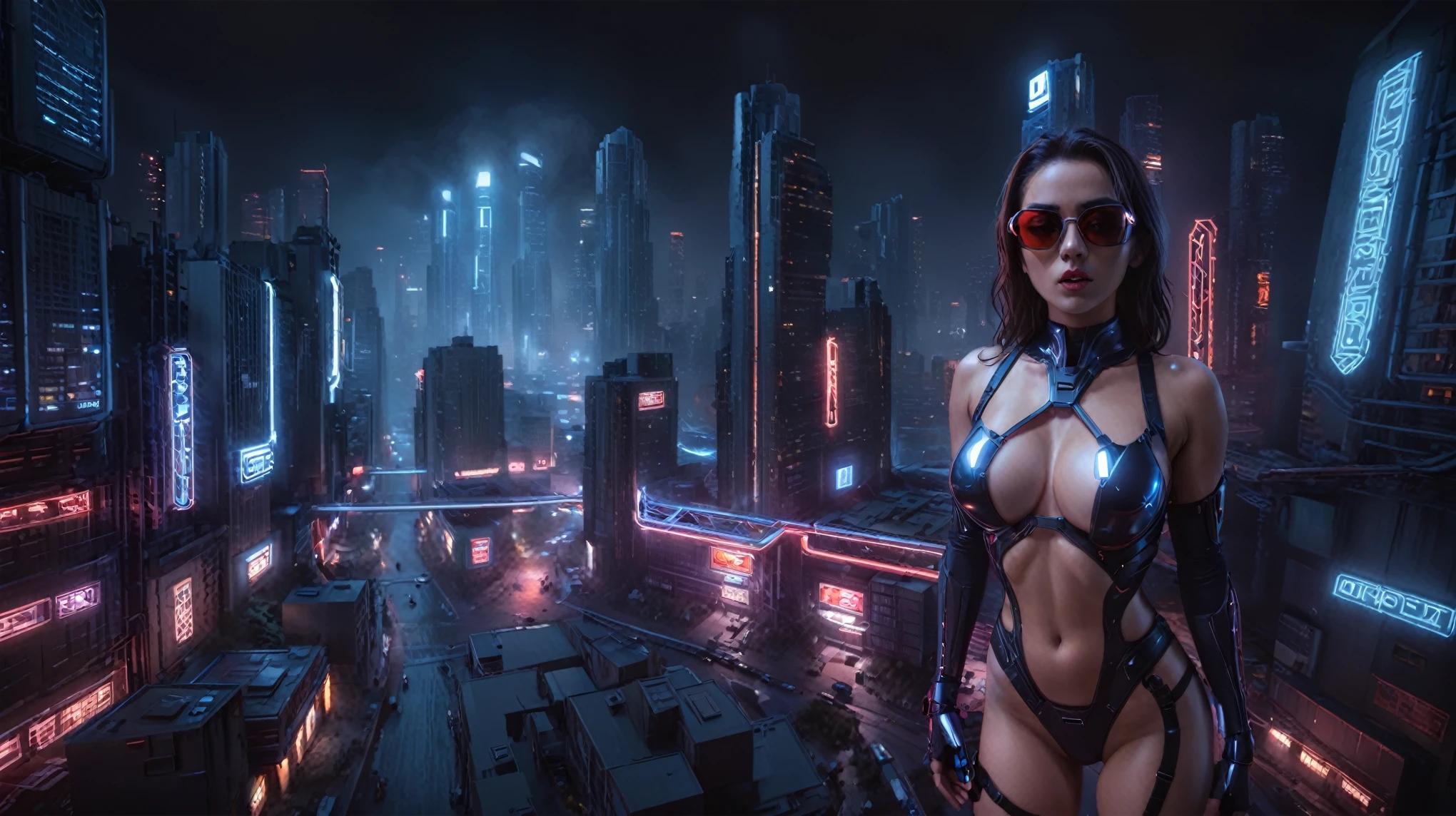 (High view). There's a cyborg woman (8k) wearing a futuristic leotard (best quality) standing in a cyberpunk city alley at night, darksynth aesthetic, red neons, haze, 1drone, foggy night, ultra detailed, photorealistic, (1girl, solo, alone), large-breast:1.2 slim body, cleavage:1.1, (black sunglasses), (holding a pistol), half-body thigh level medium shot, cinematic lighting, ray tracing.
