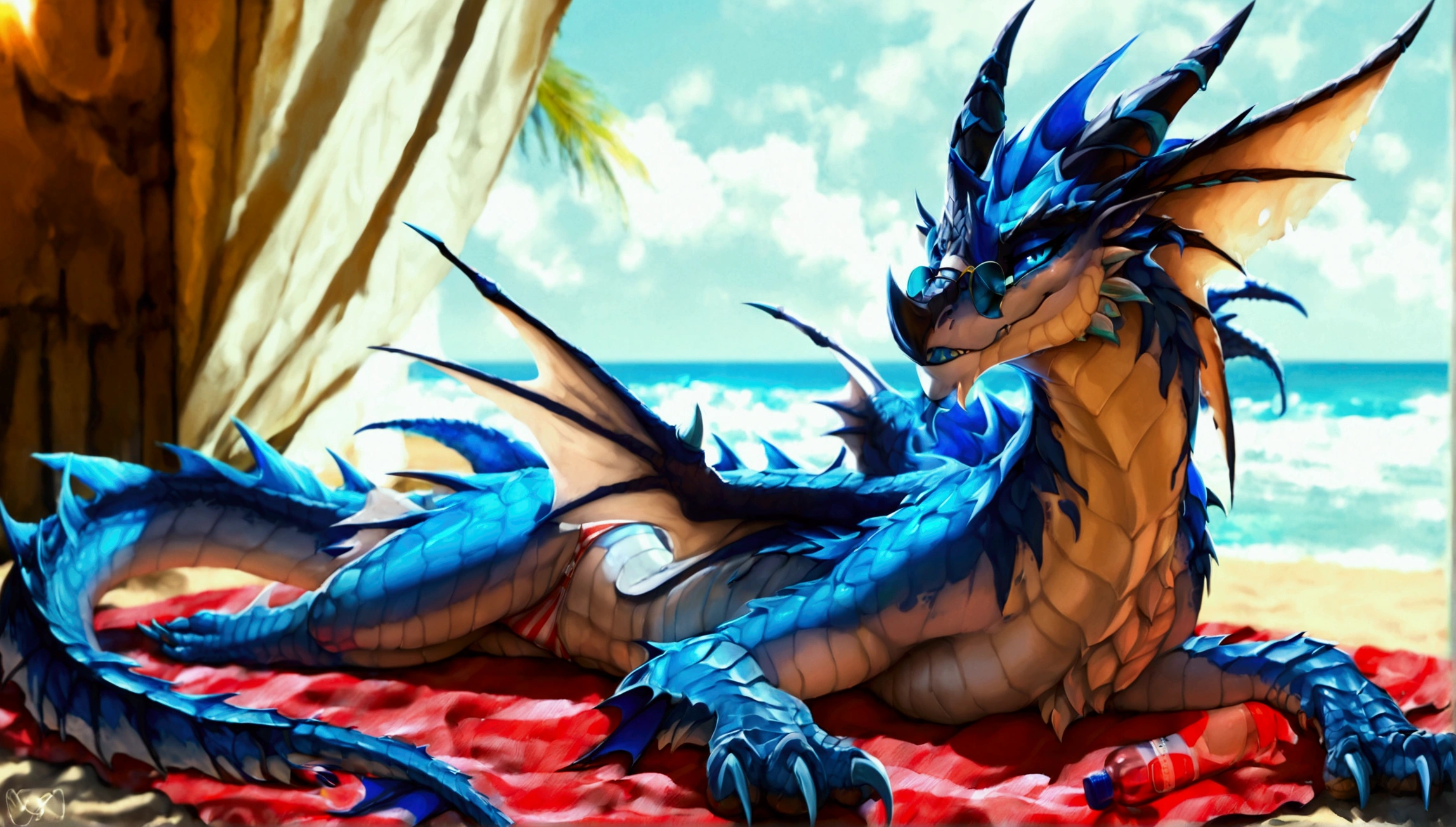 western dragon, scalie, wyvern, auroth the winter wyvern, nexivian, beach, bedroom eyes, bikini, blue body, blue claws, blue hair, blue horn, blue scales, blue sclera, blue teeth, bottle, butt, claws, clothing, cloud, container, detailed background, dialogue, eyewear, female, feral, fur, hair, half-closed eyes, horn, looking at viewer, lying, narrowed eyes, on back, on towel, outside, pattern bikini, pattern clothing, pattern swimwear, paws, relaxing, sand, scales, sea, seaside, seductive, sky, smile, solo, speech bubble, spread legs, spreading, striped bikini, striped clothing, striped swimwear, stripes, sunglasses, swimwear, tail, talking to viewer, teeth, thick tail, thick thighs, towel, two-piece swimsuit, umbrella, water, water bottle, wings, small breasts, flat chested, only panties